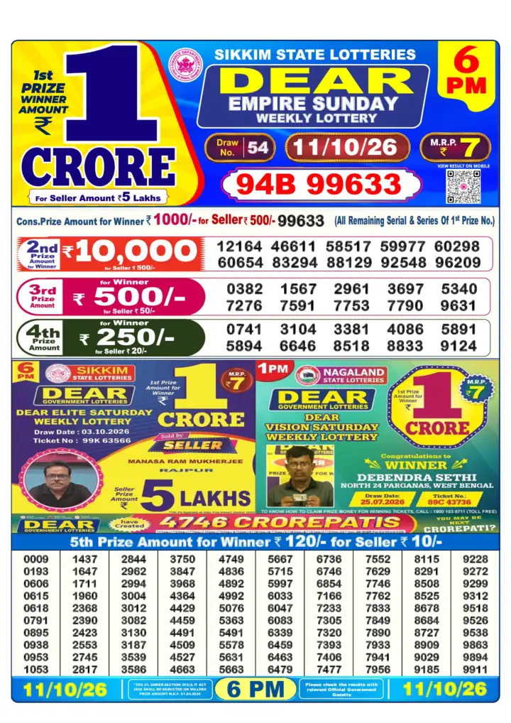 DEAR EMPIRE SUNDAY Lottery Result 11 October 2026 – 6 PM DEAR EMPIRE SUNDAY Lottery Sambad 6 PM Result 11 October 2026
