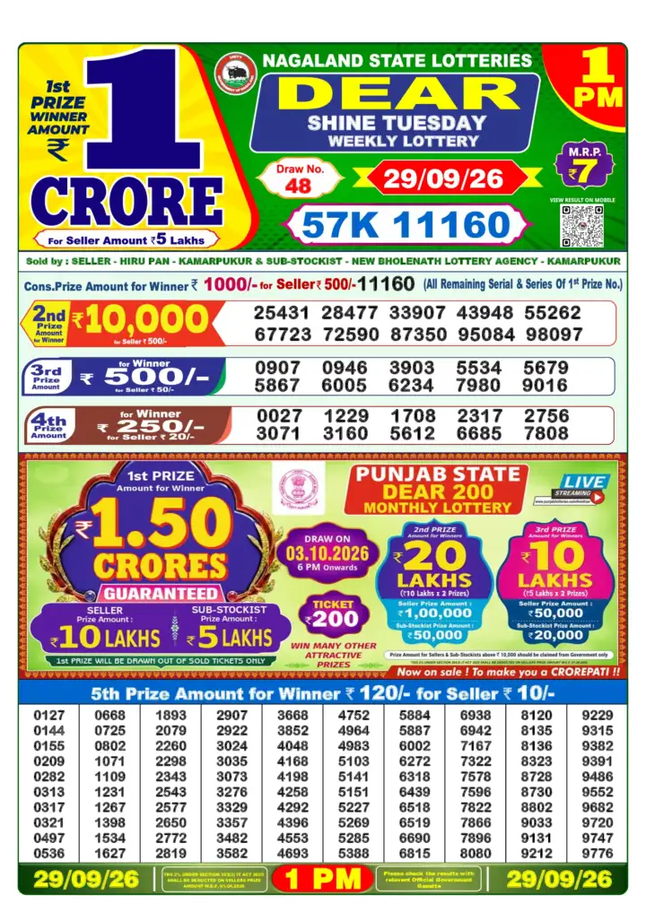 DEAR SHINE TUESDAY Lottery Sambad 1 PM Result 29 September 2026