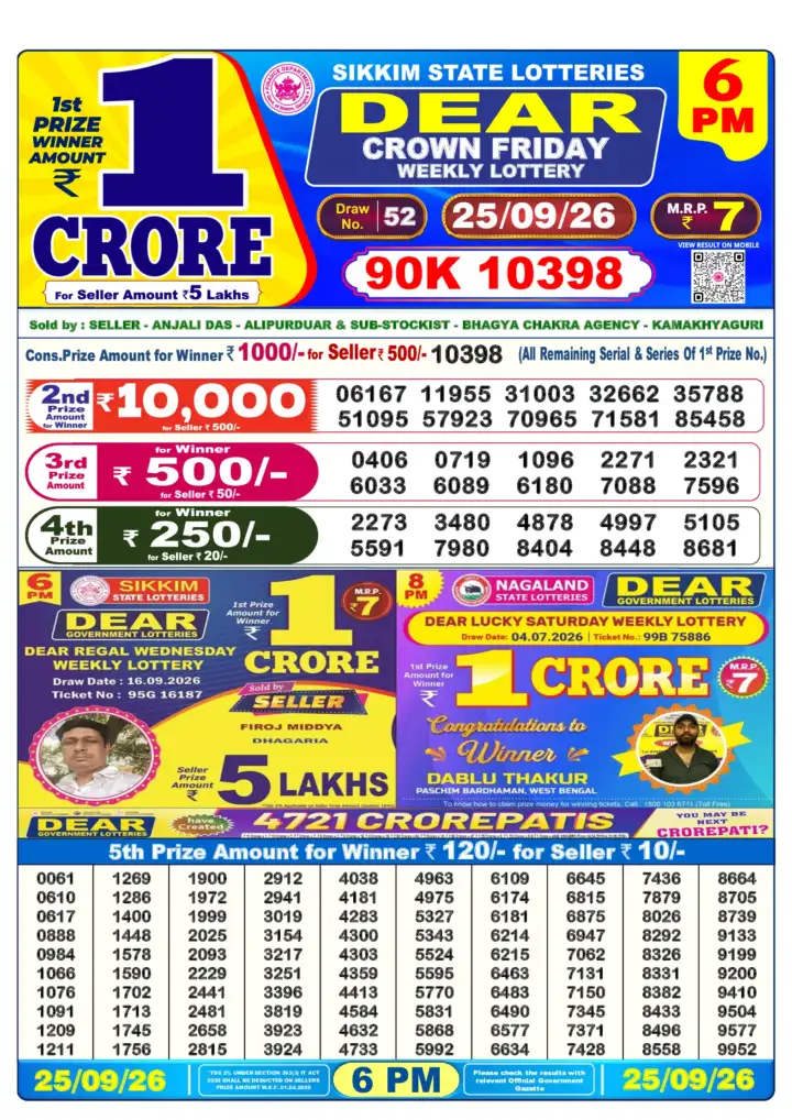 DEAR CROWN FRIDAY Lottery Result 25 September 2026 – 6 PM DEAR CROWN FRIDAY Lottery Sambad 6 PM Result 25 September 2026