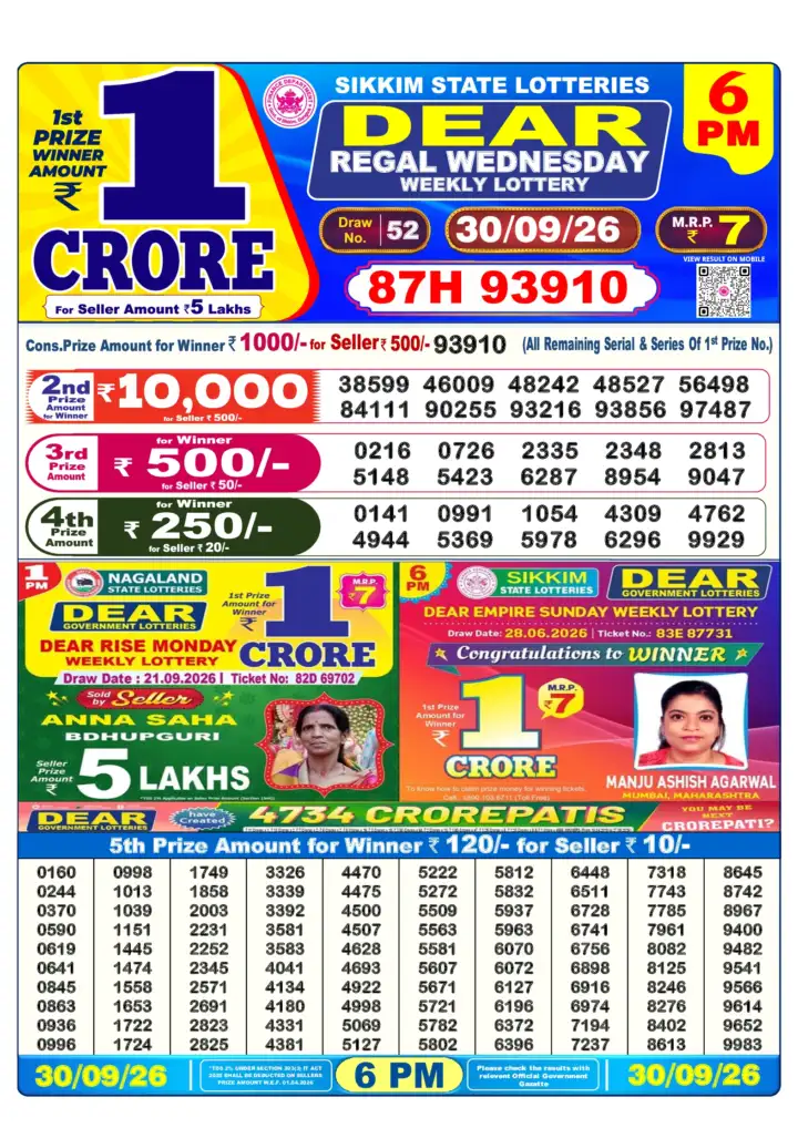 DEAR REGAL WEDNESDAY Lottery Sambad 6 PM Result 30 September 2026