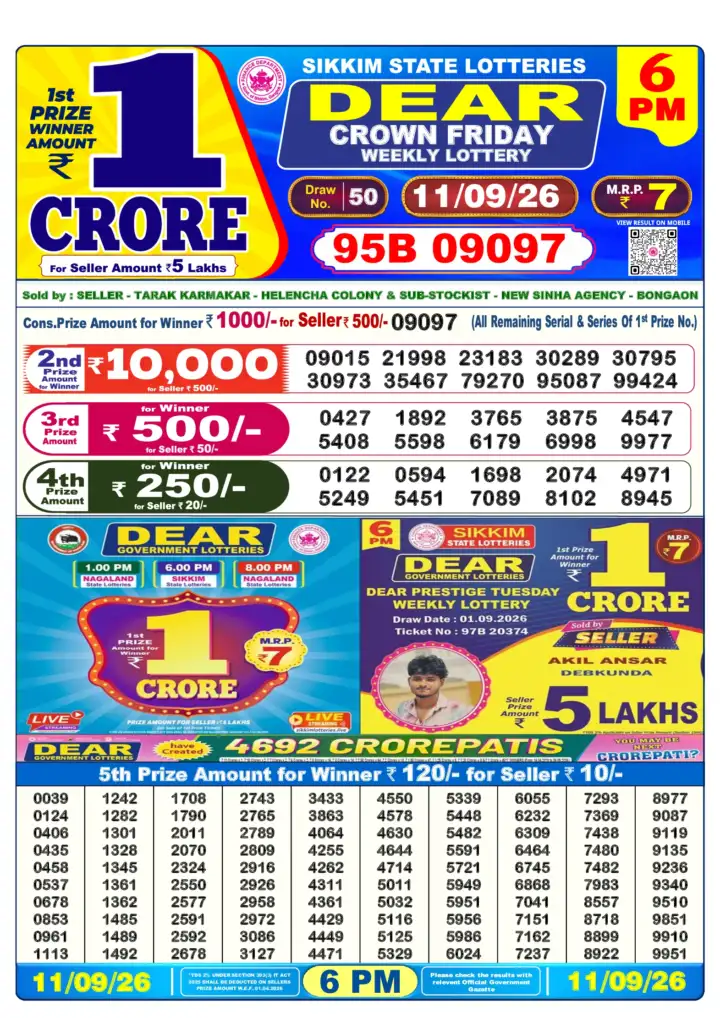 DEAR CROWN FRIDAY Lottery Result 11 September 2026 – 6 PM DEAR CROWN FRIDAY Lottery Sambad 6 PM Result 11 September 2026