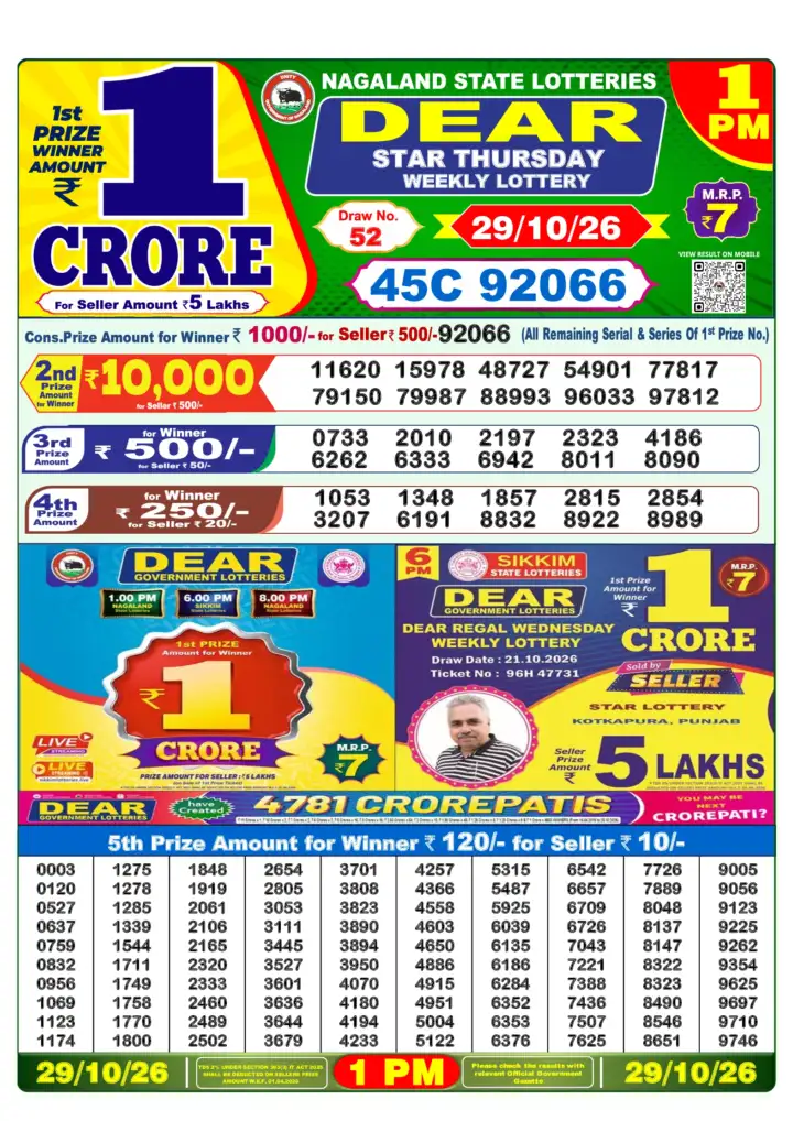 DEAR STAR THURSDAY Lottery Result 29 October 2026 – 1 PM DEAR STAR THURSDAY Lottery Sambad 1 PM Result 29 October 2026