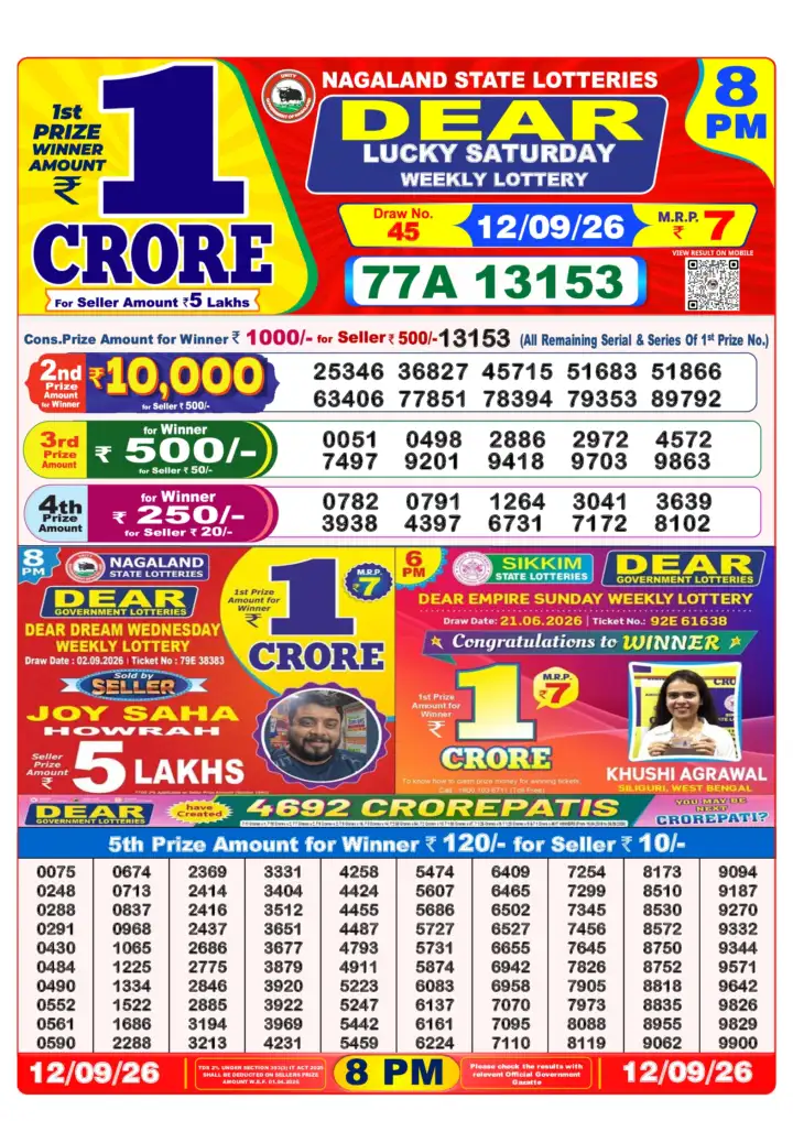 DEAR LUCKY SATURDAY Lottery Result 12 September 2026 – 8 PM DEAR LUCKY SATURDAY Lottery Sambad 8 PM Result 12 September 2026