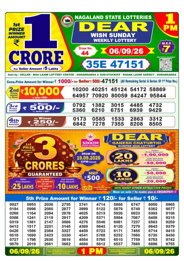 DEAR WISH SUNDAY Lottery Sambad 1 PM Result 06 September 2026
