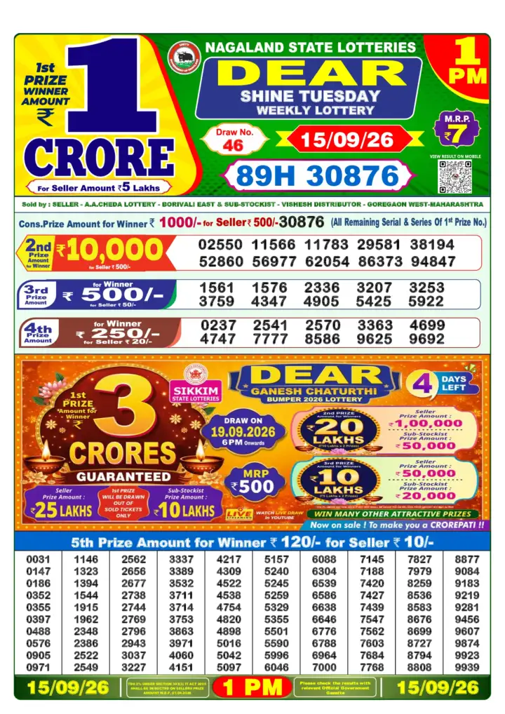 DEAR SHINE TUESDAY Lottery Result 15 September 2026 – 1 PM DEAR SHINE TUESDAY Lottery Sambad 1 PM Result 15 September 2026