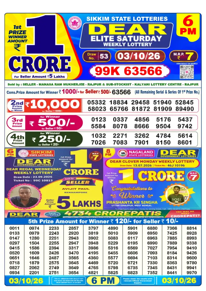 DEAR ELITE SATURDAY Lottery Sambad 6 PM Result 03 October 2026