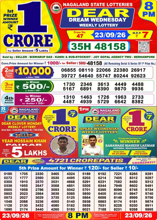 DEAR DREAM WEDNESDAY Lottery Result 23 September 2026 – 8 PM DEAR DREAM WEDNESDAY Lottery Sambad 8 PM Result 23 September 2026