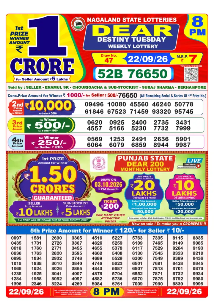 DEAR DESTINY TUESDAY Lottery Result 22 September 2026 – 8 PM DEAR DESTINY TUESDAY Lottery Sambad 8 PM Result 22 September 2026