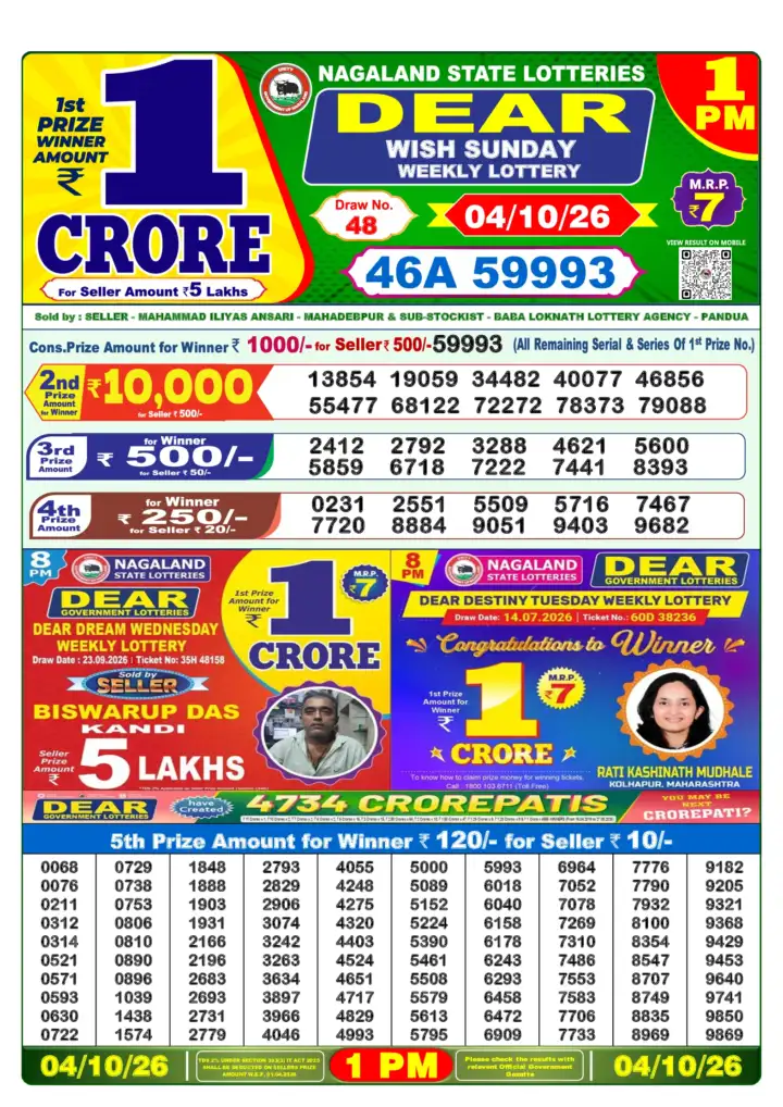 DEAR WISH SUNDAY Lottery Sambad 1 PM Result 04 October 2026