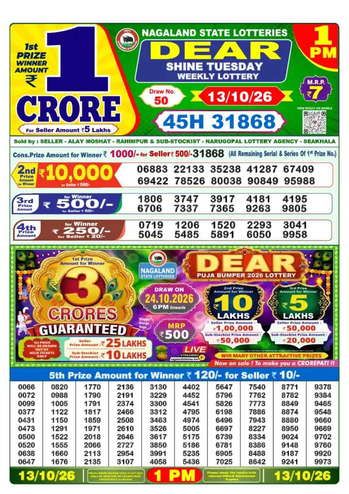 DEAR SHINE TUESDAY Lottery Sambad 1 PM Result 13 October 2026