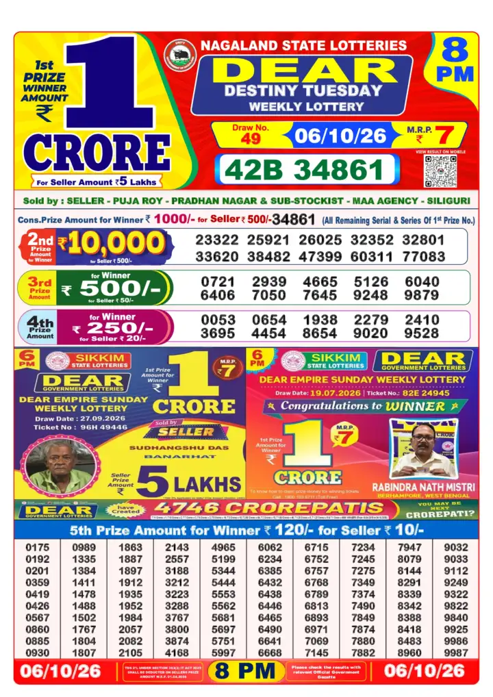 DEAR DESTINY TUESDAY Lottery Result 06 October 2026 – 8 PM DEAR DESTINY TUESDAY Lottery Sambad 8 PM Result 06 October 2026