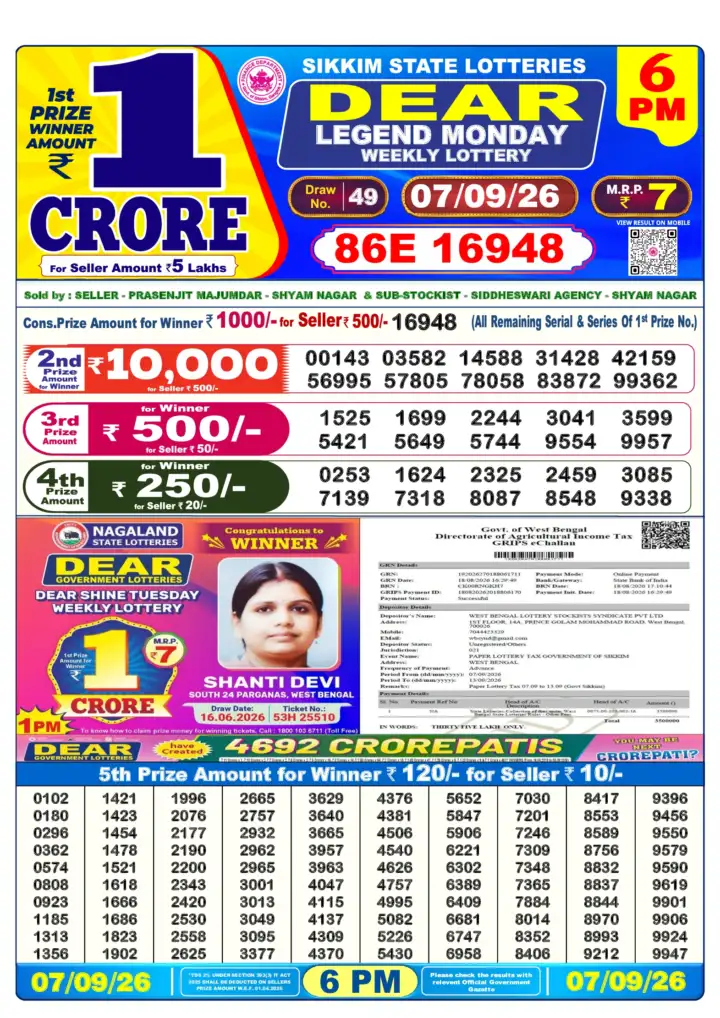 DEAR LEGEND MONDAY Lottery Result 07 September 2026 – 6 PM DEAR LEGEND MONDAY Lottery Sambad 6 PM Result 07 September 2026