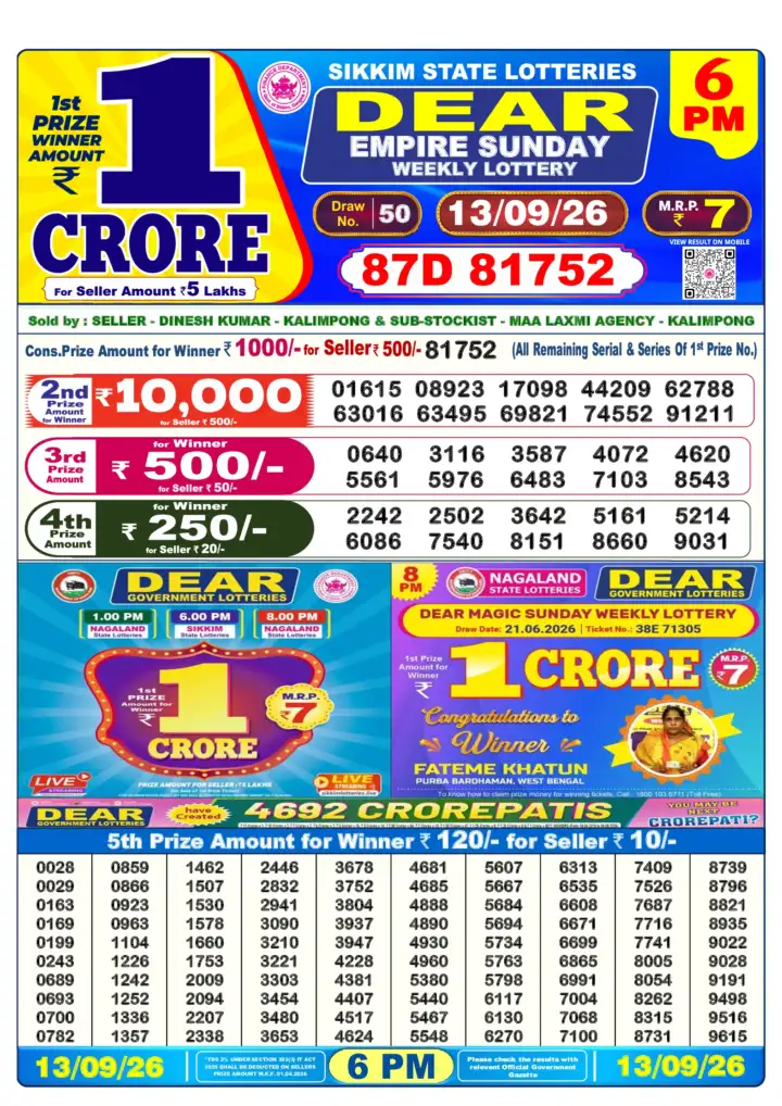DEAR EMPIRE SUNDAY Lottery Sambad 6 PM Result 13 September 2026