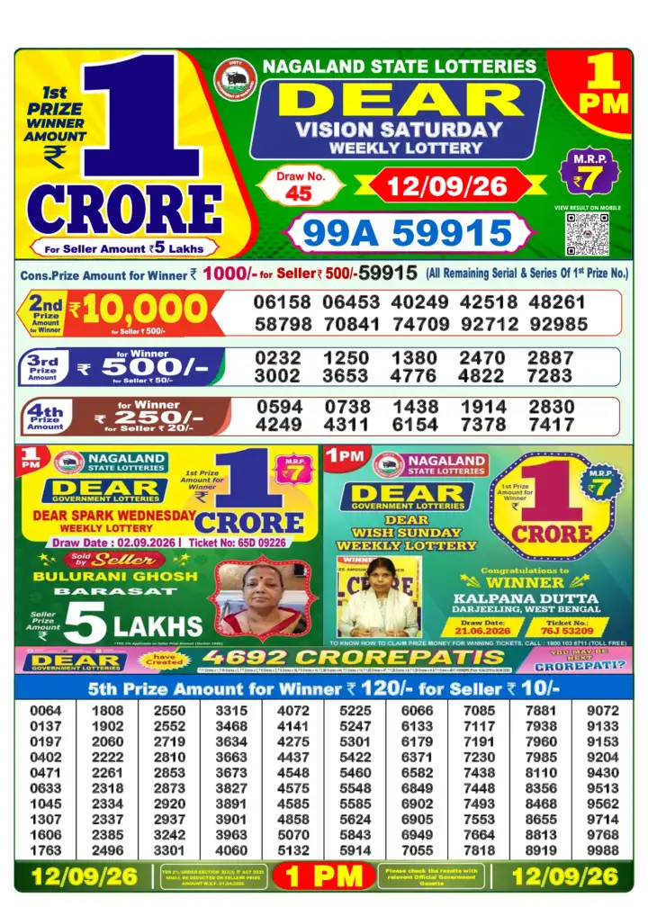 DEAR VISION SATURDAY Lottery Sambad 1 PM Result 12 September 2026