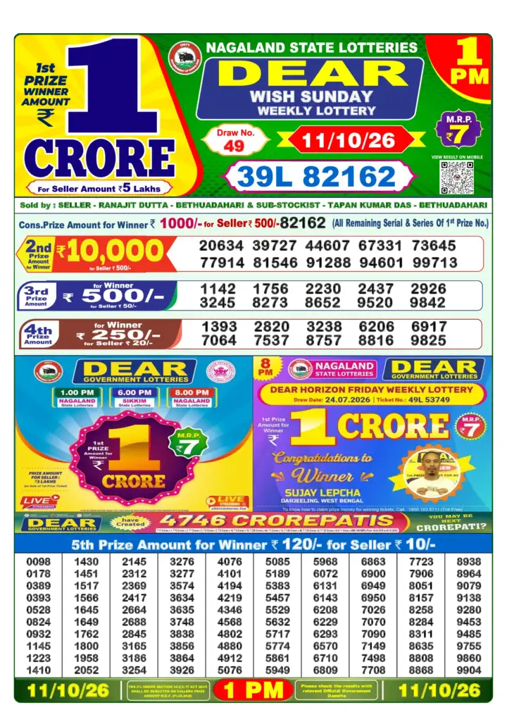 DEAR WISH SUNDAY Lottery Sambad 1 PM Result 11 October 2026