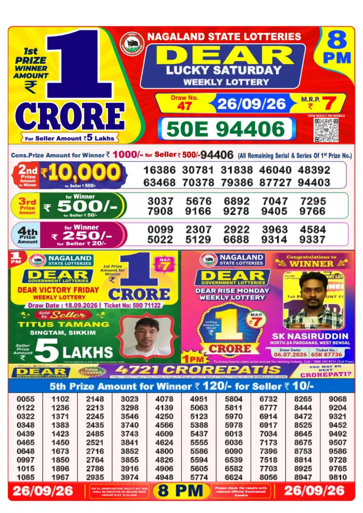 DEAR LUCKY SATURDAY Lottery Result 26 September 2026 – 8 PM DEAR LUCKY SATURDAY Lottery Sambad 8 PM Result 26 September 2026