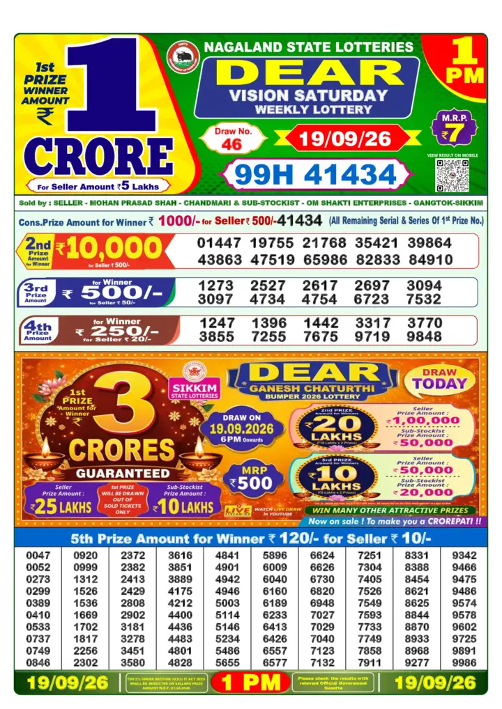 DEAR VISION SATURDAY Lottery Result 19 September 2026 – 1 PM DEAR VISION SATURDAY Lottery Sambad 1 PM Result 19 September 2026