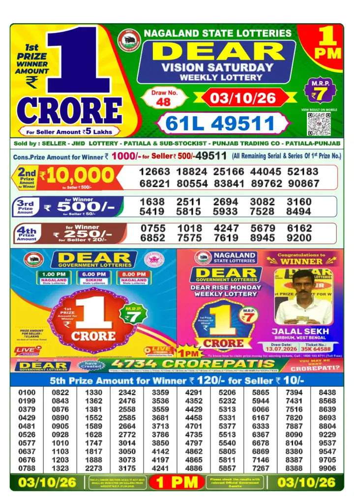 DEAR VISION SATURDAY Lottery Result 03 October 2026 – 1 PM DEAR VISION SATURDAY Lottery Sambad 1 PM Result 03 October 2026