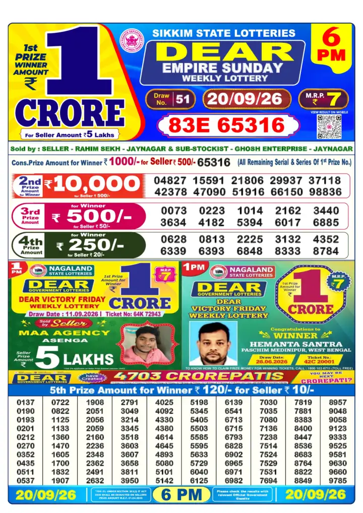 DEAR EMPIRE SUNDAY Lottery Result 20 September 2026 – 6 PM DEAR EMPIRE SUNDAY Lottery Sambad 6 PM Result 20 September 2026