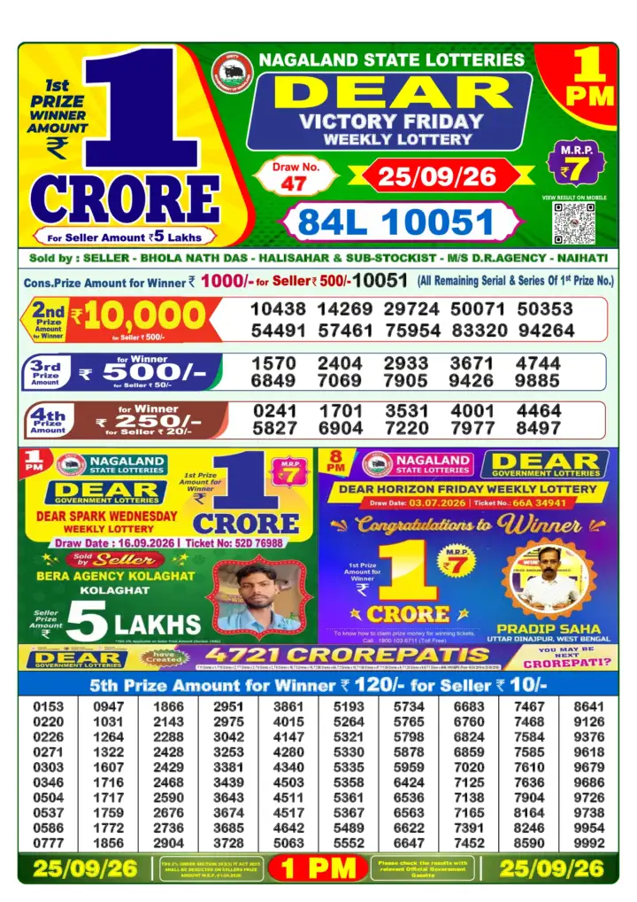 DEAR VICTORY FRIDAY Lottery Sambad 1 PM Result 25 September 2026