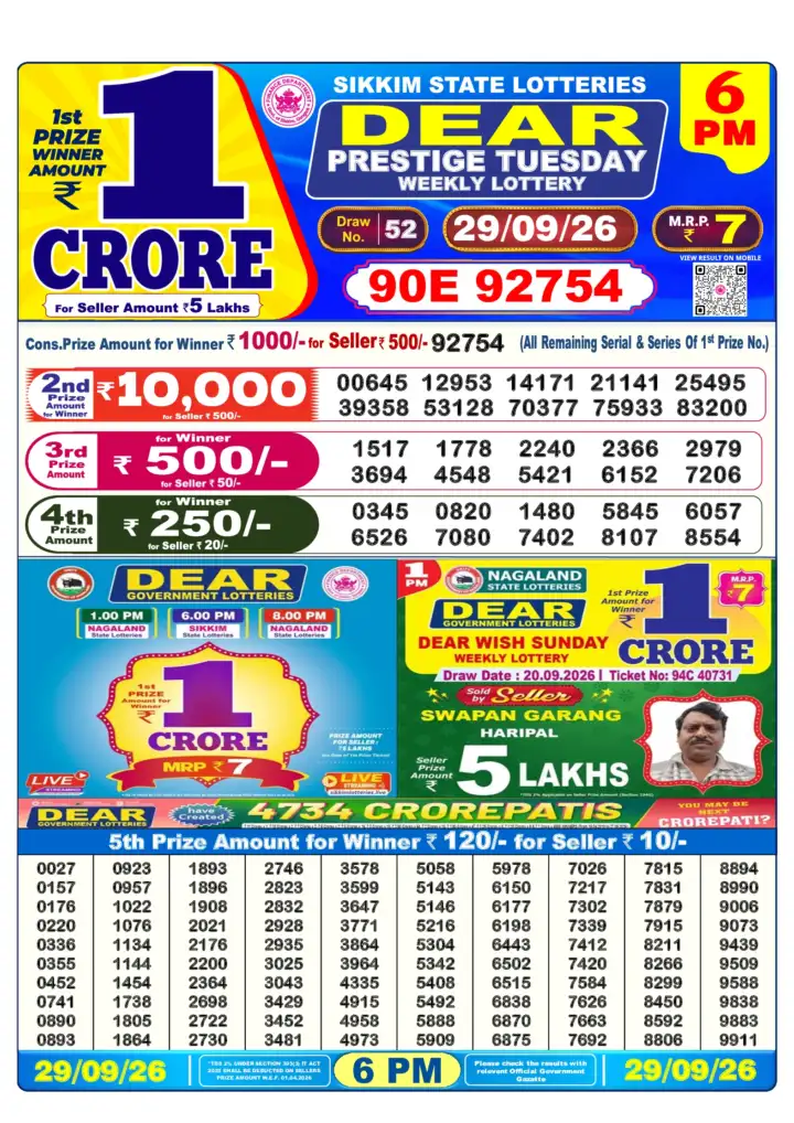 DEAR PRESTIGE TUESDAY Lottery Result 29 September 2026 – 6 PM DEAR PRESTIGE TUESDAY Lottery Sambad 6 PM Result 29 September 2026