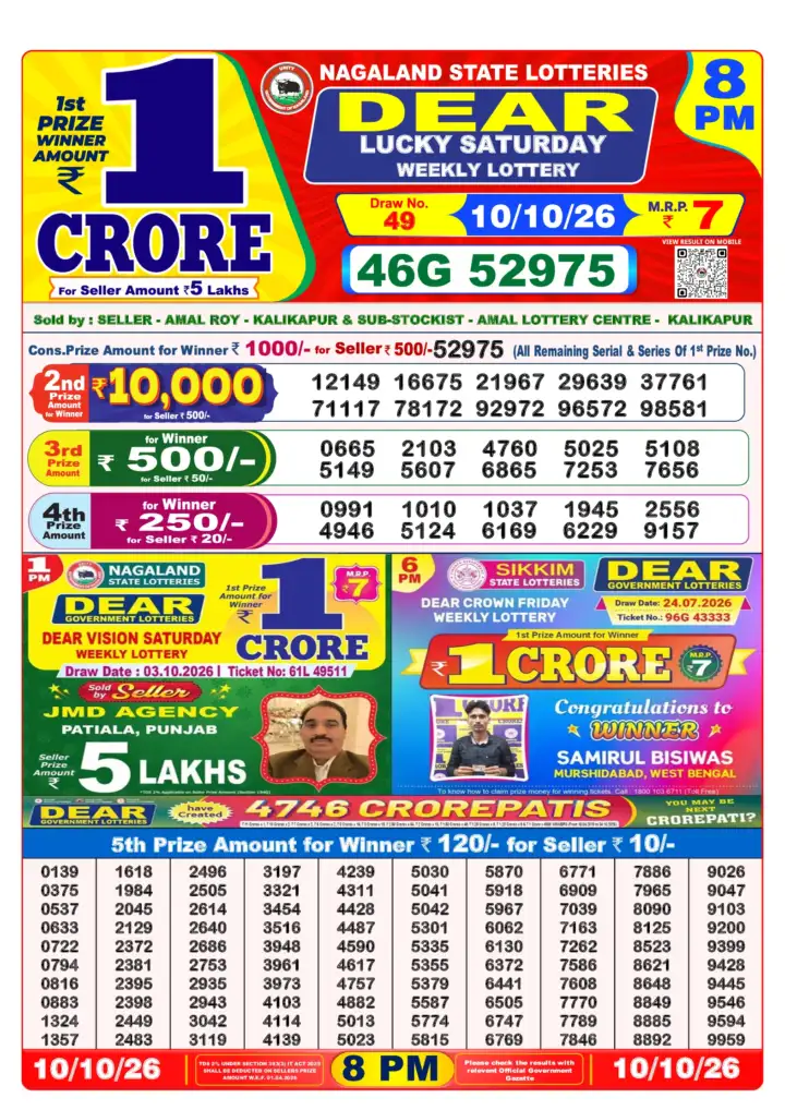 DEAR LUCKY SATURDAY Lottery Result 10 October 2026 – 8 PM DEAR LUCKY SATURDAY Lottery Sambad 8 PM Result 10 October 2026