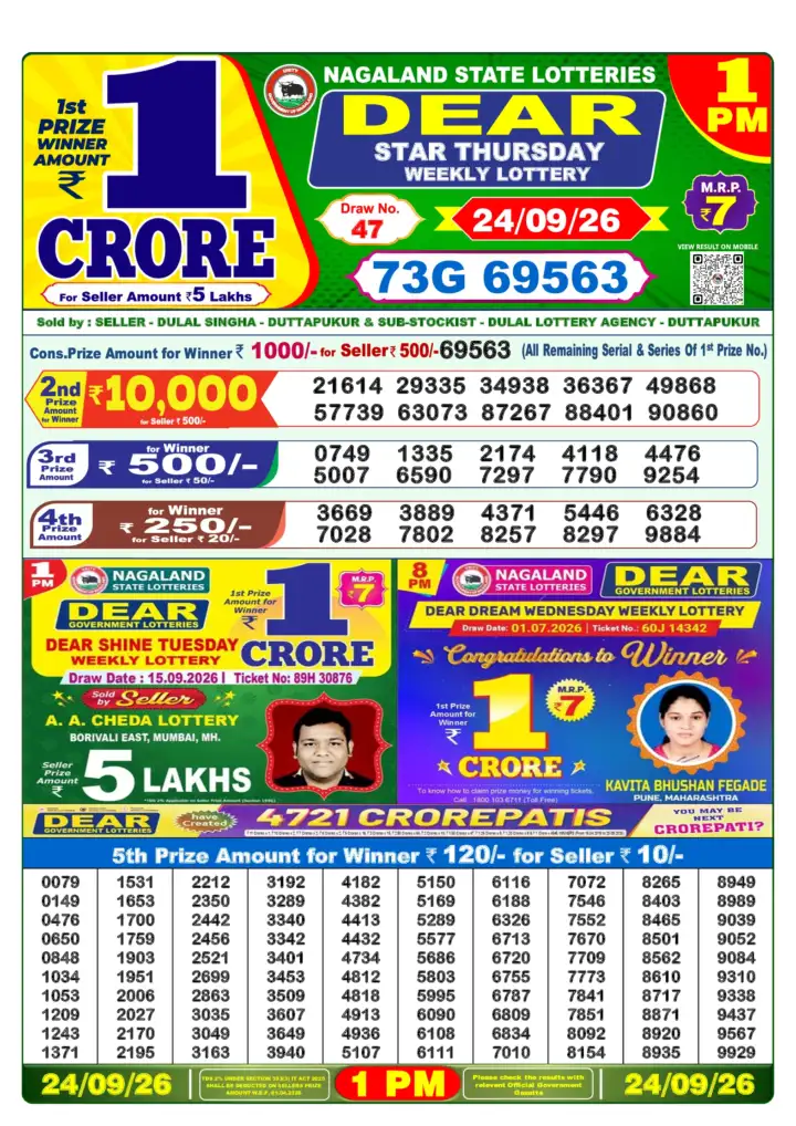 DEAR STAR THURSDAY Lottery Result 24 September 2026 – 1 PM DEAR STAR THURSDAY Lottery Sambad 1 PM Result 24 September 2026