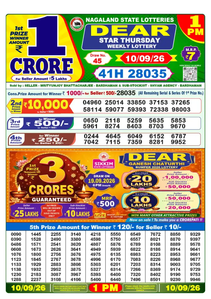 DEAR STAR THURSDAY Lottery Sambad 1 PM Result 10 September 2026