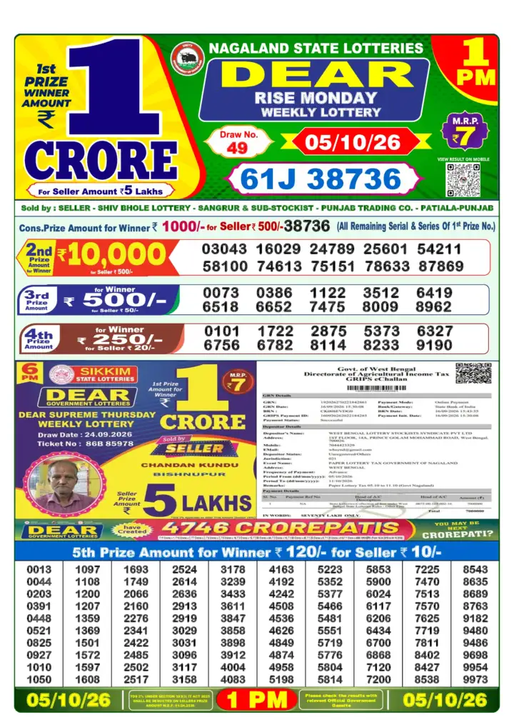 DEAR RISE MONDAY Lottery Result 05 October 2026 – 1 PM DEAR RISE MONDAY Lottery Sambad 1 PM Result 05 October 2026