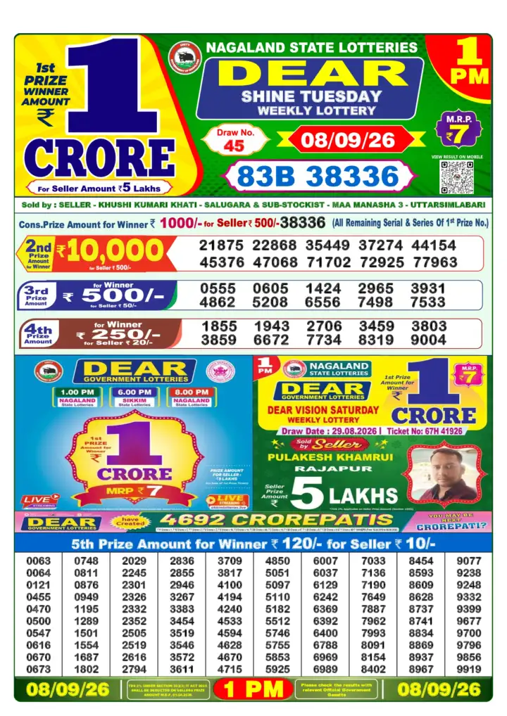 DEAR SHINE TUESDAY Lottery Sambad 1 PM Result 08 September 2026