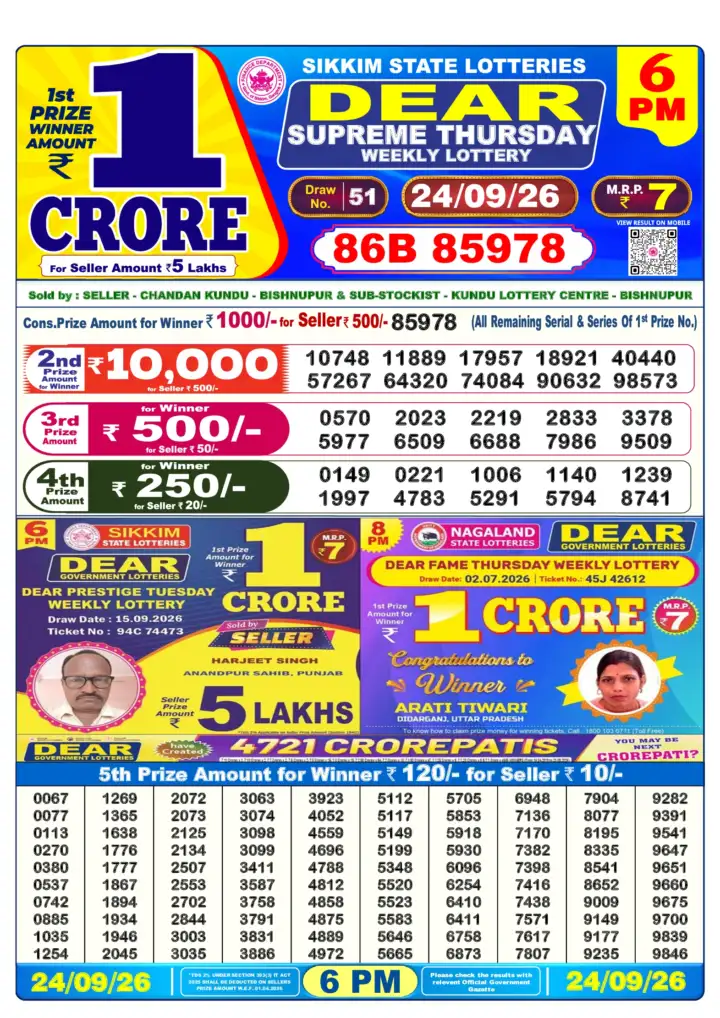 DEAR SUPREME THURSDAY Lottery Sambad 6 PM Result 24 September 2026