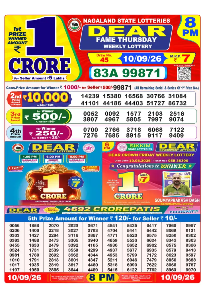 DEAR FAME THURSDAY Lottery Result 10 September 2026 – 8 PM DEAR FAME THURSDAY Lottery Sambad 8 PM Result 10 September 2026