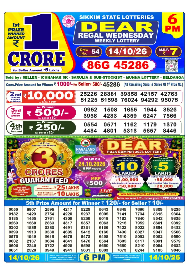 DEAR REGAL WEDNESDAY Lottery Result 14 October 2026 – 6 PM DEAR REGAL WEDNESDAY Lottery Sambad 6 PM Result 14 October 2026
