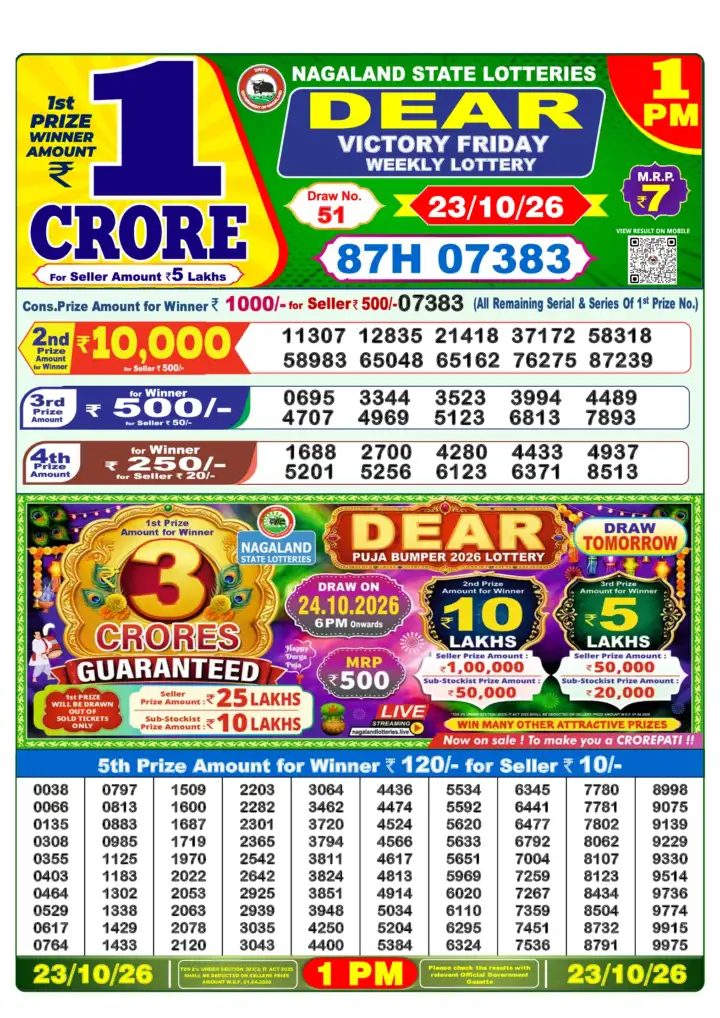 DEAR VICTORY FRIDAY Lottery Result 23 October 2026 – 1 PM DEAR VICTORY FRIDAY Lottery Sambad 1 PM Result 23 October 2026