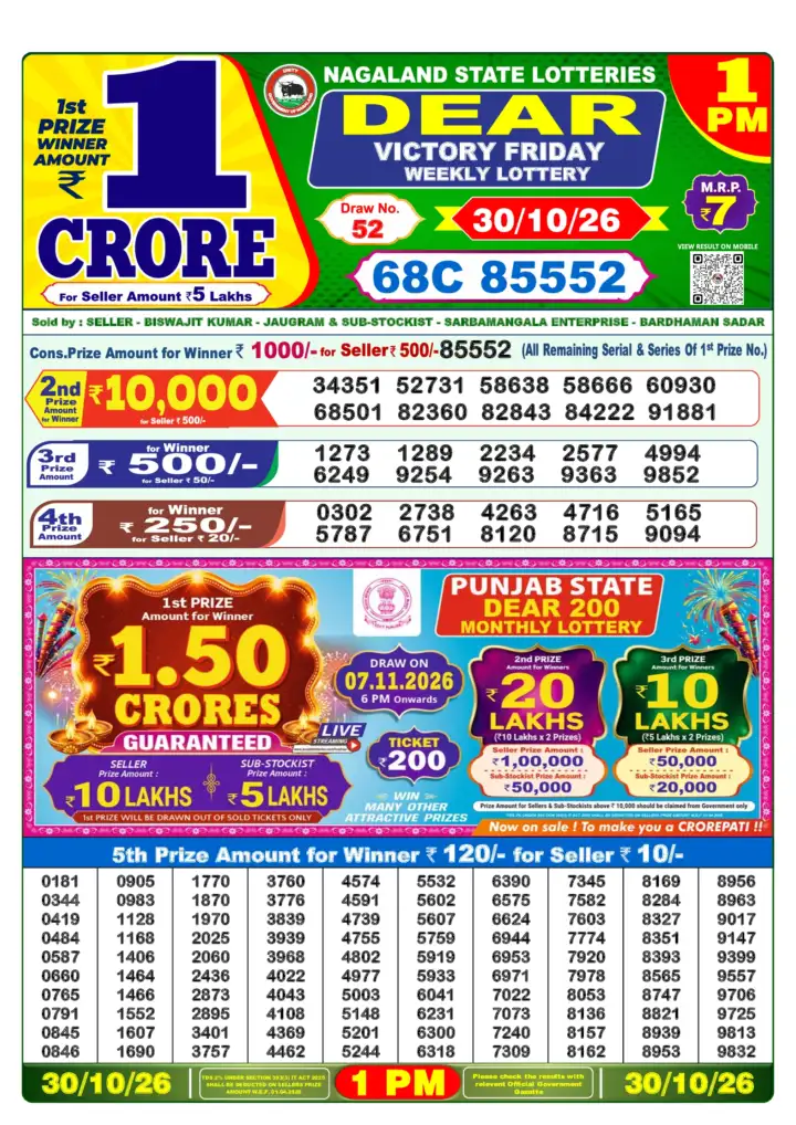 DEAR VICTORY FRIDAY Lottery Result 30 October 2026 – 1 PM DEAR VICTORY FRIDAY Lottery Sambad 1 PM Result 30 October 2026