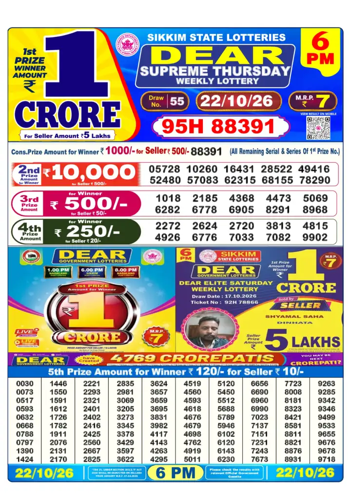 DEAR SUPREME THURSDAY Lottery Sambad 6 PM Result 22 October 2026
