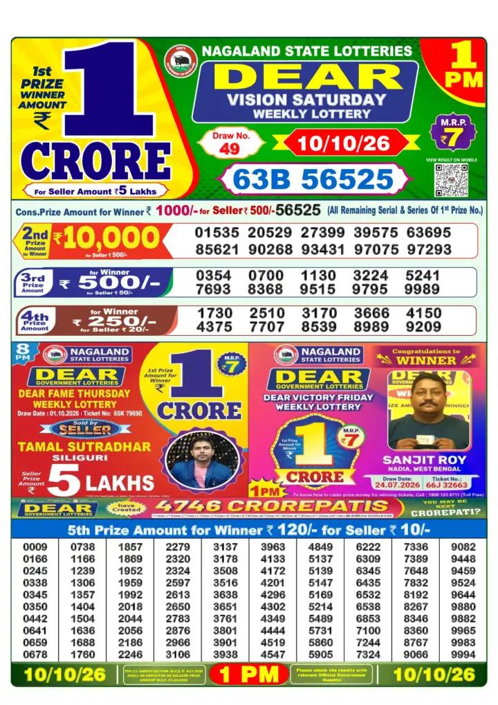 DEAR VISION SATURDAY Lottery Sambad 1 PM Result 10 October 2026