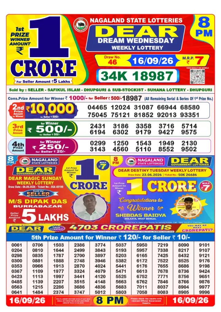 DEAR DREAM WEDNESDAY Lottery Result 16 September 2026 – 8 PM DEAR DREAM WEDNESDAY Lottery Sambad 8 PM Result 16 September 2026