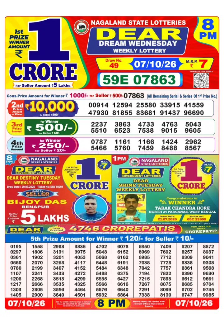 DEAR DREAM WEDNESDAY Lottery Result 07 October 2026 – 8 PM DEAR DREAM WEDNESDAY Lottery Sambad 8 PM Result 07 October 2026