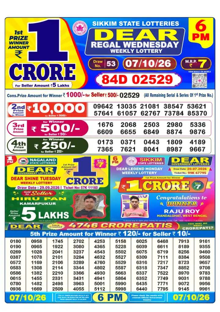 DEAR REGAL WEDNESDAY Lottery Sambad 6 PM Result 07 October 2026