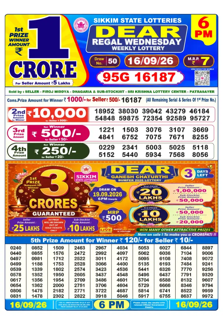 DEAR REGAL WEDNESDAY Lottery Sambad 6 PM Result 16 September 2026